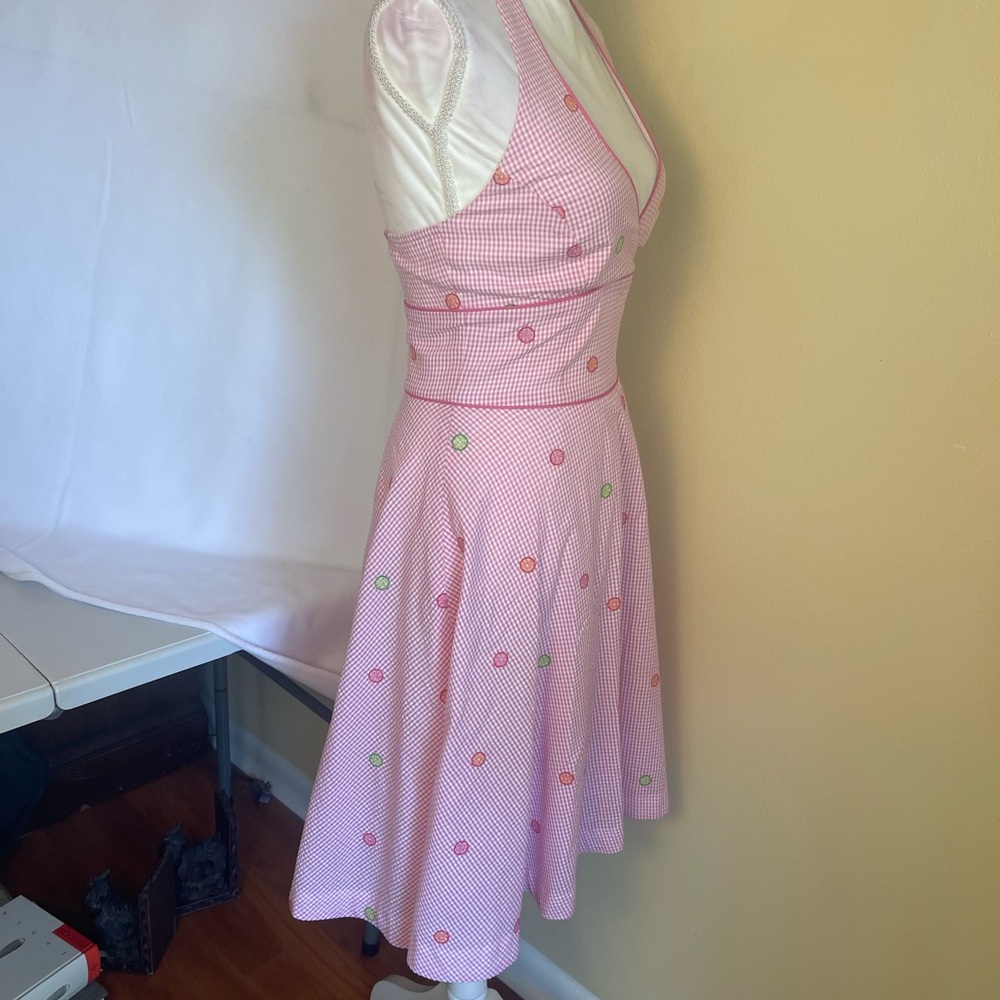 Vintage Lilly Pulitzer Pink Gingham Citrus Halter Dress Sz 0 Fit & Flare Resort - Picture 4 of 14